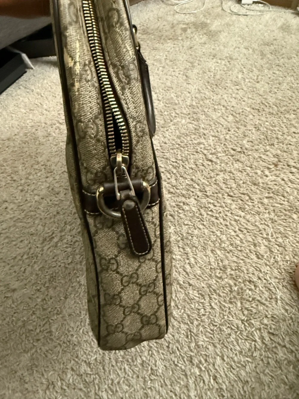 Gucci Beige Monogram Canvas Laptop Briefcase with Brown Trim